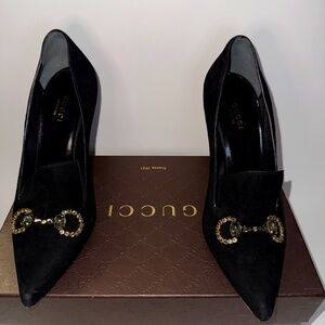 Gucci Black Suede Crystal Horsebit Pointed Toe Pumps